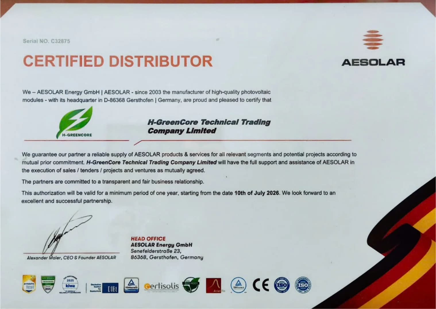 Giấy chứng nhận Certified Distributor do AESOLAR Energy GmbH cấp cho H-GreenCore